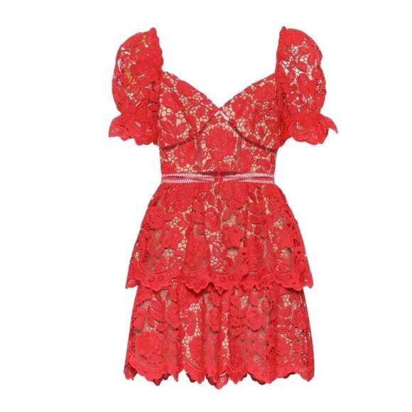 Self-Portrait Dresses & Skirts - Self-Portrait Red Lace Tiered Mini Dress